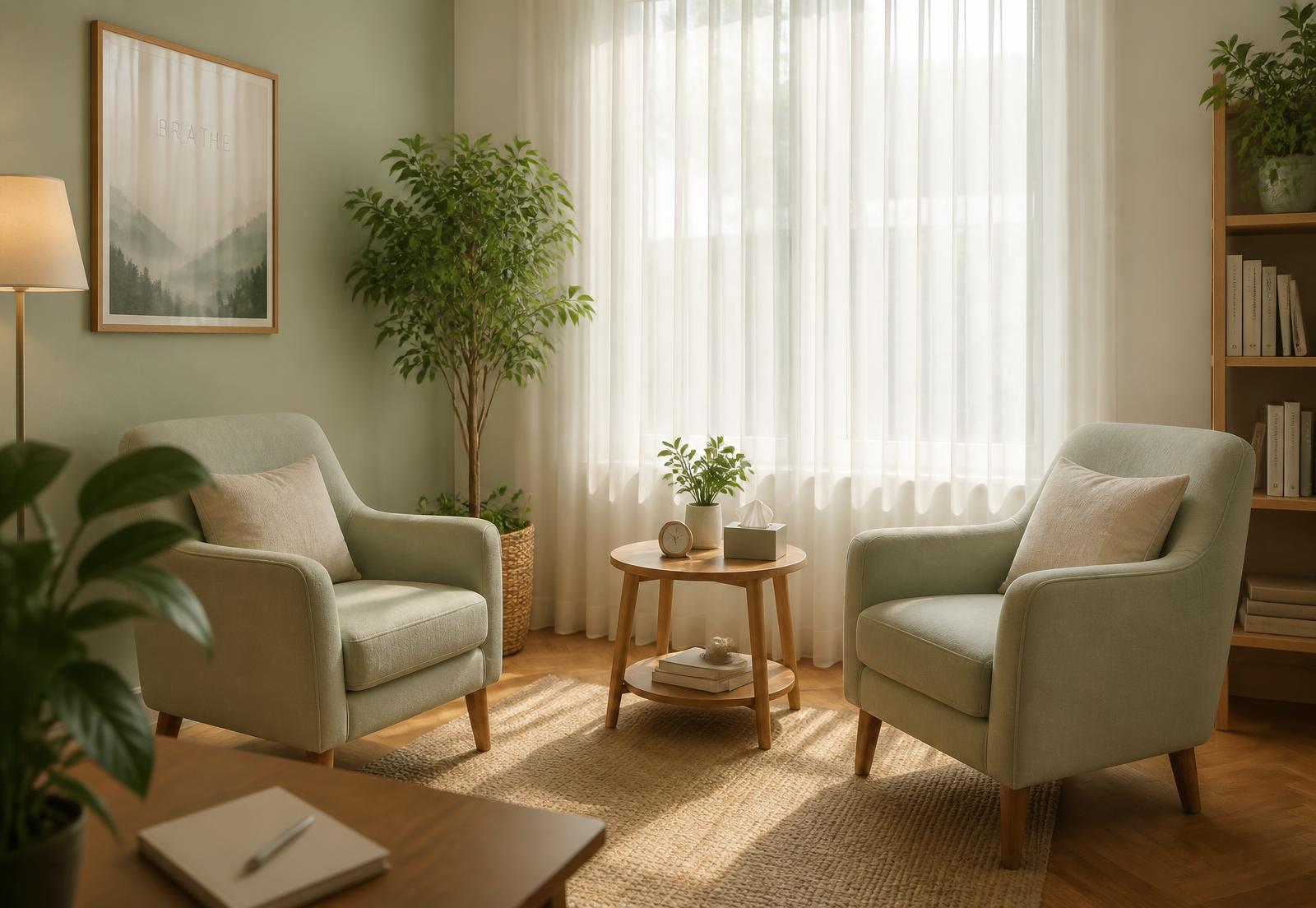 Consultório de psicoterapia com poltronas claras e luz natural suave